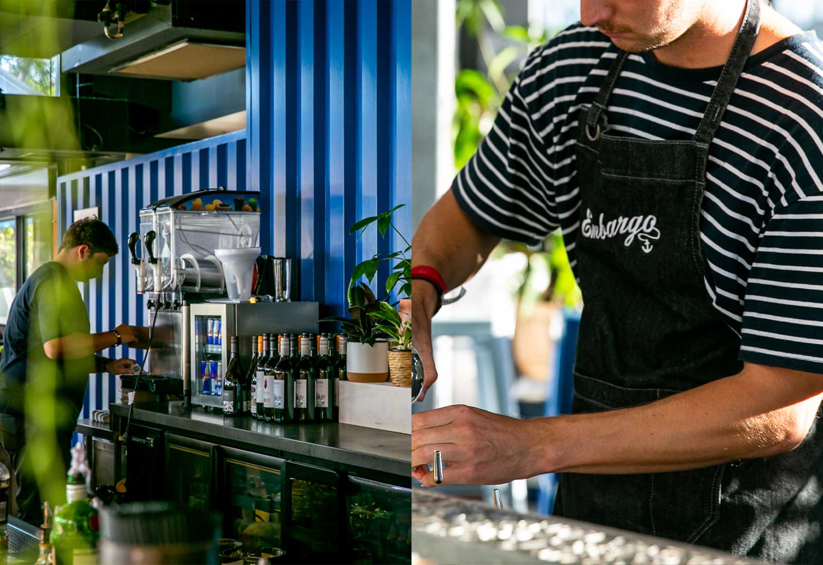 Bartender mixes cocktails at Embargo bar wearing an Embargo branded staff uniform featuring the Embargo logo design