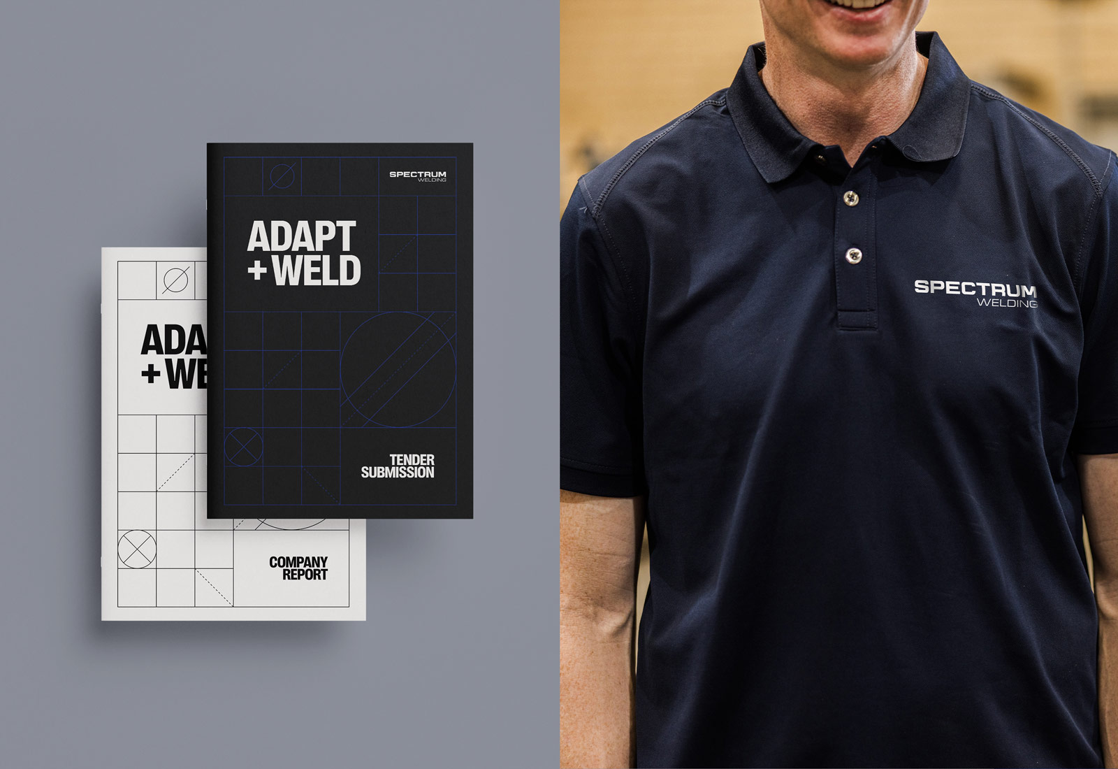 Spectrum welding logo showcased on a uniform and print collateral design