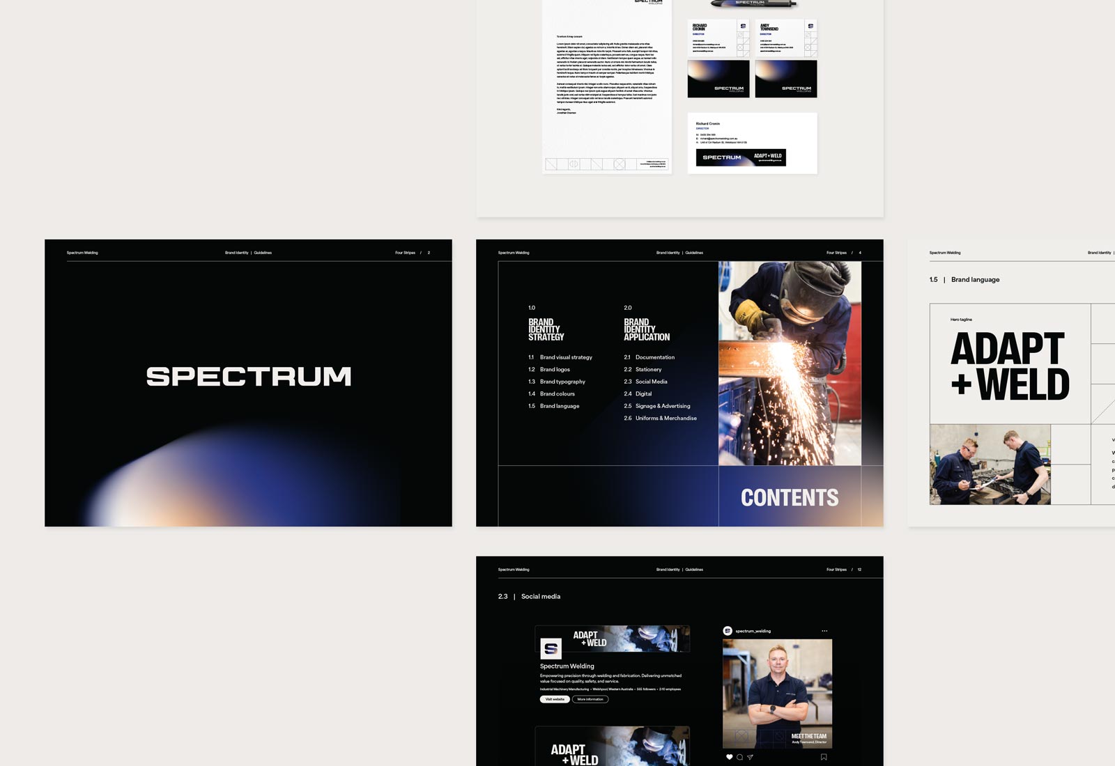 Brand guidelines for Spectrum Welding showcasing typography and logo design