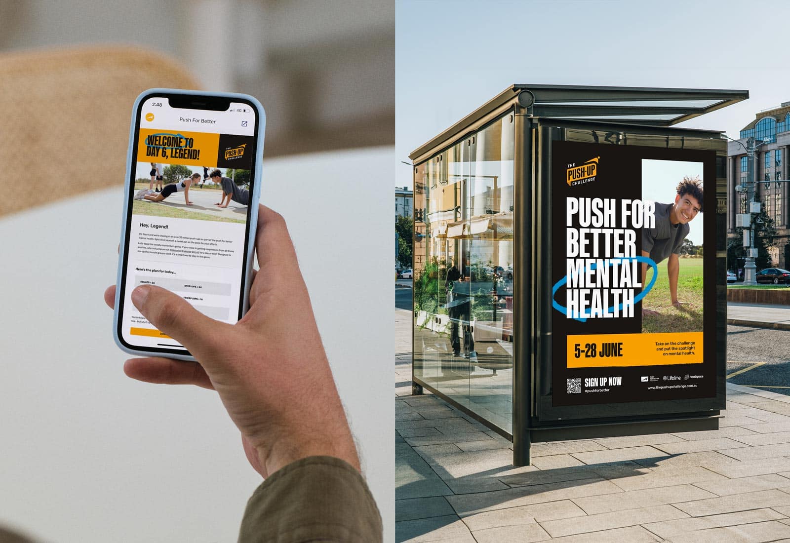 A man scrolls through A Push-Up Challenge Email, To the left a bus stop sport The Push-Up Challenge brand campaign artwork